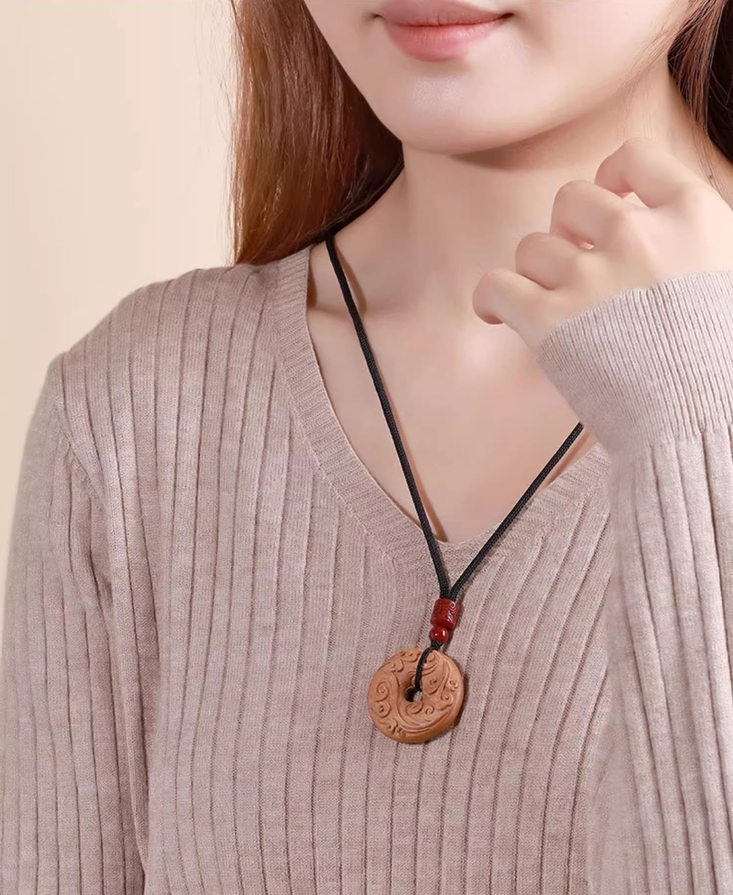 Natural old peach wood peace buckle pendant